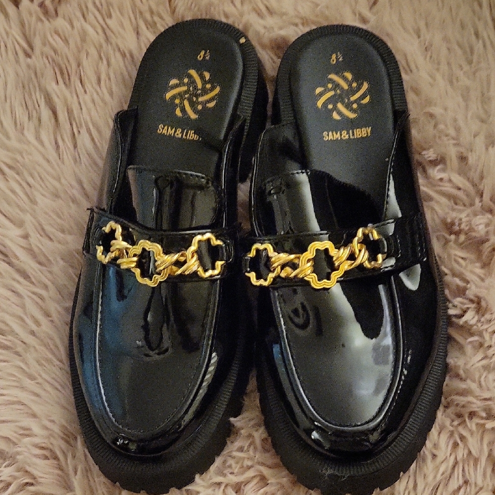 Sam & Libby Glossy Black Loafers with Gold Accent